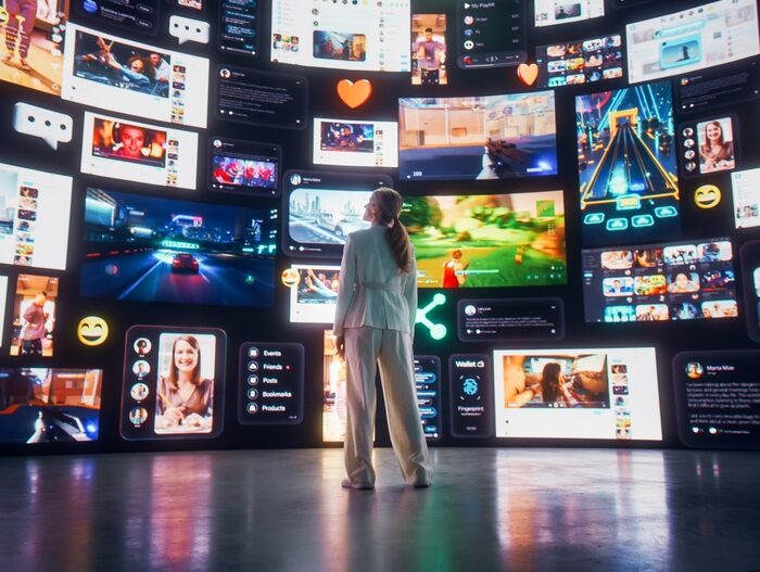 Backview,Of,Caucasian,Woman,Connecting,To,Animated,Stream,Of,Content. Backview,Of,Caucasian,Woman,Connecting,To,Animated,Stream,Of,Content.