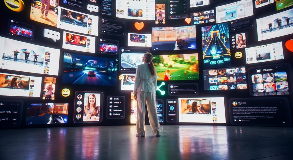 Backview,Of,Caucasian,Woman,Connecting,To,Animated,Stream,Of,Content.