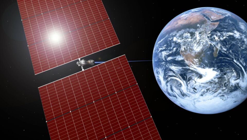 Concept,Of,Orbital,Solar,Power,Plant,That,Converts,Sunlight,Into